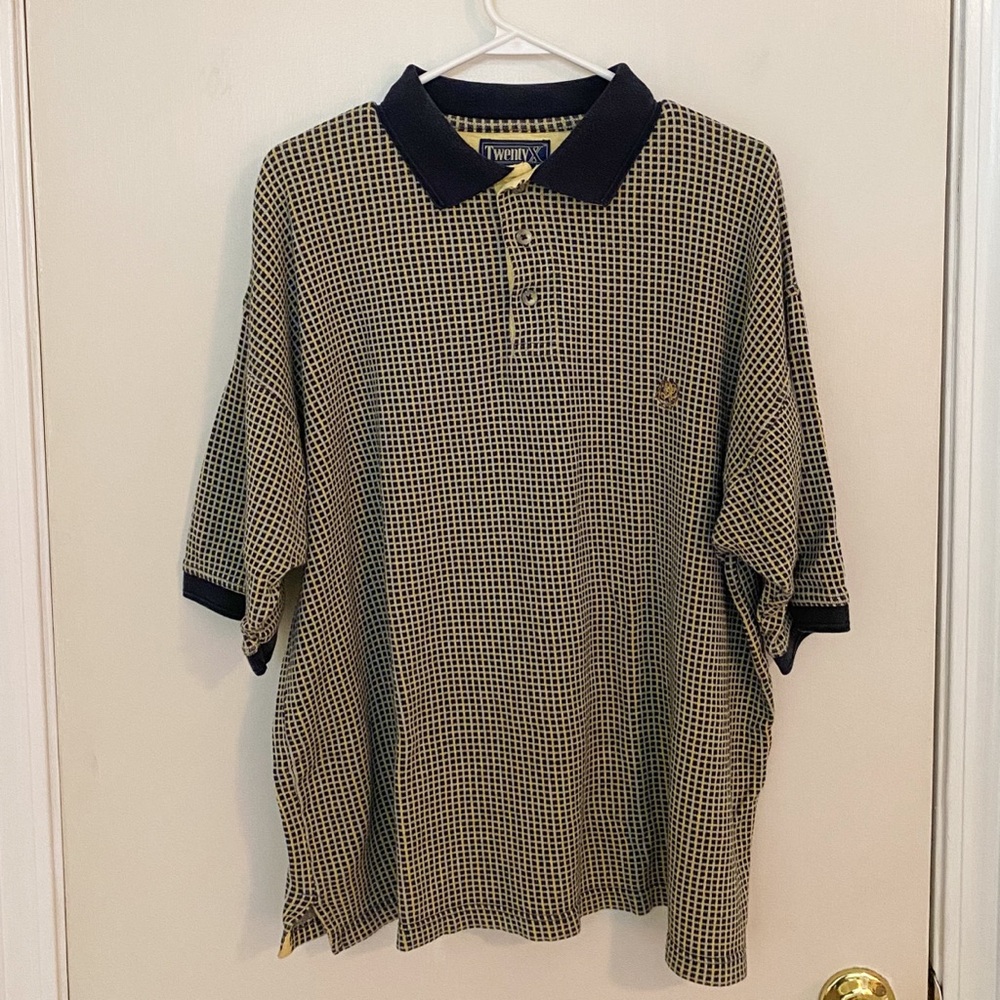 Vintage Twenty x Wrangler Navy and Beige Checkered Men's Polo Shirt